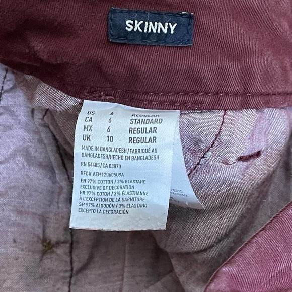 American Eagle Skinny Stretch Jeans Size 6 Regular‎ Wine Cotton Blend 30X30 - Picture 5 of 6